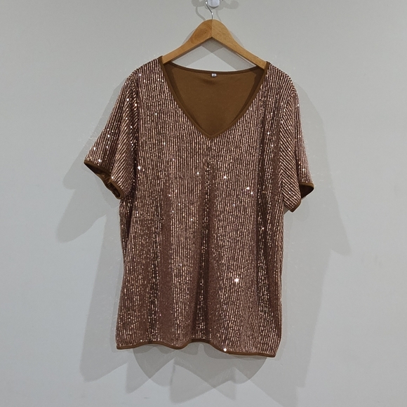 Tops - Womens Blouse 3XL Plus Brown Gold Sequin Mesh Striped V-Neck Short Sleeve